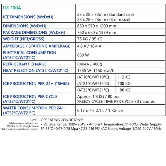 สเปคเครื่องทำน้ำแข็ง im100a